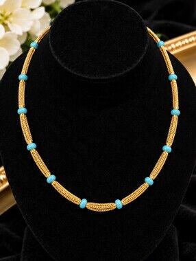 22kgp Dubai Jewelry Gold and Turquoise Beaded Women's Necklace